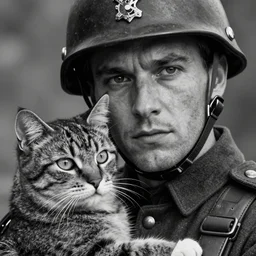A soldier holding a warrior cat in world war 1, close-up, realistic face, beautiful face detail, mature facial features, black and white, amazing digital art, hyper detailed, artstation, in the style of Tony Sart