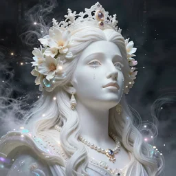 oscar isaac, a colorful and vibrant majestic white queen open wide eyes drops a tear with flowers on her hair, glowing light orbs, intricate concept art, elegant, digital painting, smooth, sharp focus, ethereal opalescent mist, outrun, vaporware, cyberpunk darksynth, ethereal, ominous, misty, 8 k, by ruan jia and miho hirano, 8 k, rendered in octane
