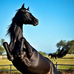 of a black horse raising its front legs in the air