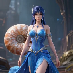 beautiful detailed fantasy woman character portrait, in the loveliest blue dress ever made, epic fantasy, 3d with depth of field, blurred background, female, nautilus. A highly detailed epic cinematic concept art CG render. made in Maya, Blender and Photoshop, octane render, excellent composition, cinematic dystopian brutalist atmosphere, dynamic dramatic cinematic lighting, aesthetic, stylized, very inspirational, Koda Kazuma, Kentaro Miura, Tetsuya Nomura, Yusuke Murata