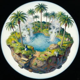 gediminas pranckevicius fish eye view of detailed illustration of floating miniature geothermal spring oasis planet, intricate complexity, by greg rutkowski, ross tran, conrad roset, takato yomamoto, ilya kuvshinov palm trees, small lake, birds, rocks, painting by lucian freud and mark brooks, bruce pennington, bright