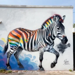 rainbow zebra as a graffiti mural by lee, masterpiece, trending on artstation