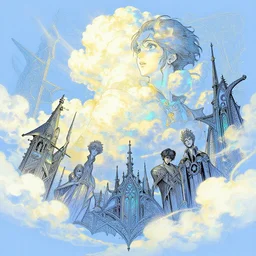 blue pastel background with intricate and vibrant iridescent line work + the secret of the sky by yoshitaka amano, hiroshi yoshida, moebius, artgerm, ryohei hase, bright pastel colors, blue and gold dappled sunlight, + trending on artstation + wow! clouds glorious clouds + incredible + black and iridescent gothic illustration + exquisite detail
