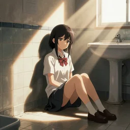 school girl sitting on the tiles in the school bathroom - dramatic cozy poster by wlop and okuda genso. featured on pixiv, anime aesthetic. pixiv, warm aesthetic, rays of light, volumetric light, artstation, vanitas, official art, gothic, noise film photo. octane render, redshift render, ue 4