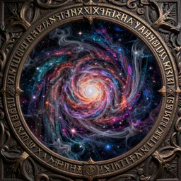 a intricate background design with deep and intricate rune carvings and twisting lovecraftian by dan mumford, twirling smoke trails, a twisting vortex of dying galaxies, collapsing stars, digital art, photorealistic, vivid colors, highly detailed, intricate