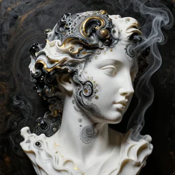 black fluid simulation, 3 d render, female model face portrait, smoke sculpture, intricate fractal patterns, beautiful female face melting, swirly color mix in white paint, white carved abstract sculpture, black mineral quartz sculpt, swirly curls fractal gold, abstract white fluid, golden edges and fractals, artstation, render, cinematic light, art noveau fresco ink, renessaince paint, liquid acrylic painting