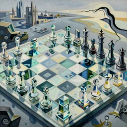 an infinite chessboard covered with abstract glass pieces in a surreal landscape, refraction and reflection, surrealism, by Salvador Dali, by M.C Escher, highly intricate, precise brush strokes, complex, highly detailed, masterpiece