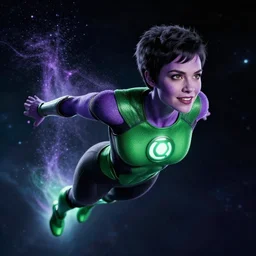 photos of beautiful actress Ella Purcell  as the Green Lantern Soranik Natu, as she soars thru outer space. Photogenic, purple skin, short black pixie like hair, particle effects, photography, studio lighting, cinematic