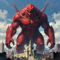 a gargantuan kaiju humanoid hybrid creature with deep red skin, looming over an ancient city castle, digital art made by makoto shinkai, lois van baarle, greg rutkowski and jakub rebelka, highly detailed, symmetrical, extremely coherent, concept art