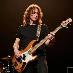 award winning photo of Geddy Lee playing bass, 1989, on stage, dramatic lighting,