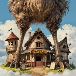 Tavern on Emu Legs, giant scaly Emu legs wearing a tavern, Howl's Moving Castle, by  Jakub Rozalski