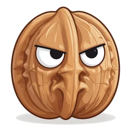 a stern round large walnut with two stern eyes and a mouth without a nose, white background, cartoon