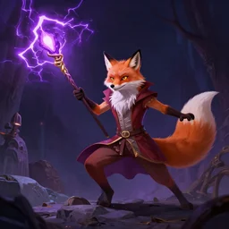 the fox magician cast a thunder spell with his staff, artstation