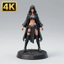 80mm resin detailed miniature of a assassin woman in black hood, head, stomach, navel, boots, Logo, textured base; Product Introduction Photos, 4K, view from front