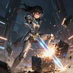 anime girl with futuristic armor and glowing sword slicing in half a metal cube, futuristic background, sparks from the cube getting sliced, extremely detailed, intense, particles,