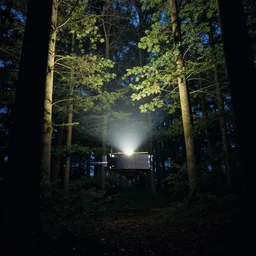 teleportation machine in a forest at night, light shining from the machine and illuminating the trees by thomas kinkaid