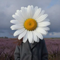 a portrait, enormous daisy flower head, girl wearing coat in heather field, surreal photography, wind and cold, dramatic sky, impressionist painting, digital painting, artstation, simon stalenhag