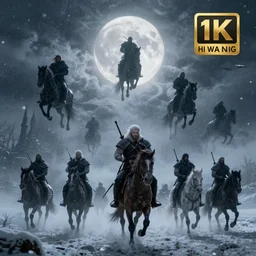 the wild hunt, spectres riding in the sky, bad omen, enchanting, blizzard storm, fog, full moon, snowy environment, in the style of the witcher series, hyperrealism, breathtaking, award winning, groundbreaking, octane render, unreal 5, intricate digital art, 8 k hi - res