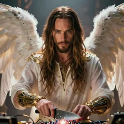 dramatic portrait of Jared Leto, bloomed lighting, angelic, futuristic, beautiful colors, slightly golden, very sharp likeness, very detailed, chopping hands, electrical details, cinematic lighting high details, 4k, 8k, trending on artstation, ultra-realism