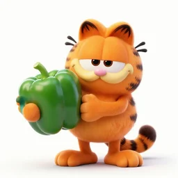 garfield the cat holding a giant bellpepper, promotional movie art,cgi,clean white background
