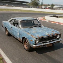 A screenshot of a rusty, worn out, broken down, decrepit, run down, dingy, faded chipped paint, tattered, beater 1976 Denim Blue Dodge Aspen in FlatOut 2 on a race track
