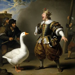 a goose king wearing intrincate clothes, screaming at some peasants, by vermeer
