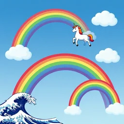 rainbows, unicorns, and clouds isolated in the sky by Frank Miller and Hokusai, 8k, vector