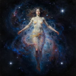 a giant man floating among the stars. she is made of galaxies and nebula and a million sparkling stars. dramatic light and dark. beautiful well composed painting with detailed face by ilya kuvshinov and artgerm and greg rutkowski and alphonse mucha.