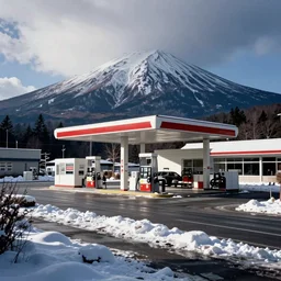 a gas station on a snowy road with a mountain in the background, a photo by Itō Ogura Yonesuke, pixiv, precisionism, provia, velvia, photo taken with provia