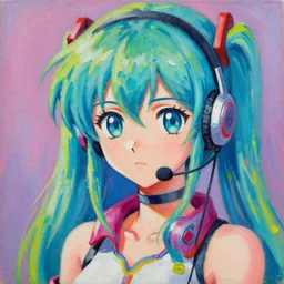 a portrait of a serious Operator Kagamine Rin by Wayne Thiebaud, painting by Wayne Thiebaud, heavy pigment, colourful, heavy impasto technique, anime style, big eyes, space age pop, Operator mic