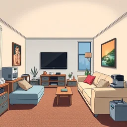 room with a sofa, tv, poster, painting, coffee machine, carpet, extremely detailed, sharp focus, wide view, smooth, digital illustration, by james jean, by rossdraws, frank franzzeta, mcbess, sakimichan