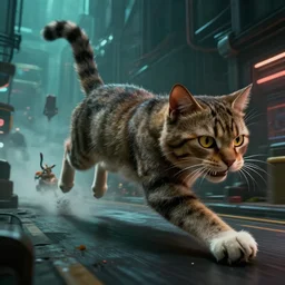 a huge 🐱 chasing, by mark ryden in cyberpunk environment, 4 k ultra high resolution, horror, long camera shot, fleeing terrified : 🐭