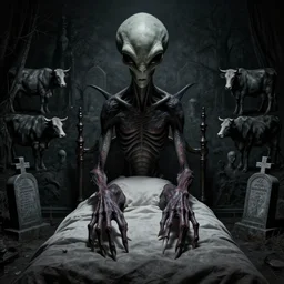 demonic alien with long fingers at the foot of the bed in a dark room, tombstones, cows, beksinski, dariusz zawadzki, symmetrical, very coherent symmetrical artwork, cinematic, hyper realism, high detail, octane render, 8 k