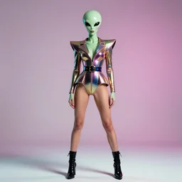 alien inspired fashion. centerfold fashion magazine. 9 0 s. whole body picture
