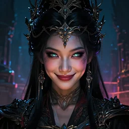 amazing portrait of dark magician asian girl, cheeky smile, glowing eyes, intricate details, colourful, atmospheric light, ominous ancient city on the background, dark fantasy, ultra realistic details, detailed face, artstation, illustration, only one character, symmetrical, by małgorzata kmiec