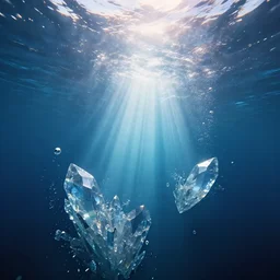 underwater, atmospheric, dreamy, crystal, super wide angle, dynamic lighting, ethereal, very coherent composition, masterpiece, octane render, god rays, rtx on, trending on cgsociety and artstation, volumetric light