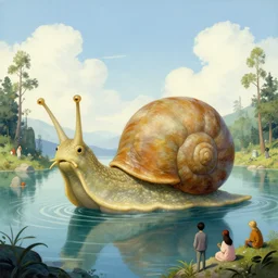 photo of a giant snail man guardian of the holy lake, bizarre, fantasy landscape, art by andreas achenbach, august macke, alice bailly, alison geissler