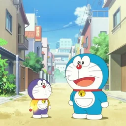 wide shot, sonic and doraemon, game still sprites, tokyo residential neighborhood,anime,concept art