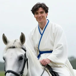 close up portrait, cillian murphy mage, handsome, white robes with blue trims, riding a white horse, smiling, abstract stars and night background, ornate alphonse mucha, rhads, ross tran, artstation, artgerm, octane render, 1 6 k