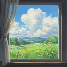 a heavenly dream view from the interior of my cozy meadow of dream power-lines from a Makoto Shinkai oil on canvas inspired pixiv dreamy scenery art majestic fantasy scenery cozy window frame fantasy pixiv scenery art inspired by magical fantasy exterior