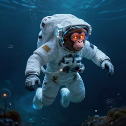 futuristic monkey astronaut underwater in the ocean at night, volumetric lighting, glowing lights, 4 k, octane, digital painting, artstation, concept art, sharp focus, illustration, art by artgerm and greg rutkowski and alphonse mucha