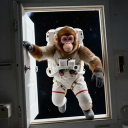 photo - realism, space monkey and astronaut opening door that shows space and time created by davinci with extra detail, epic.