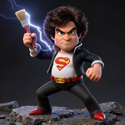 bob ross dressed as a superhero, standing on rocky ground, angry expression, detailed facial features, lightning behind, dark background, action pose, holding a paintbrush in his hand, ultra - detailed, intricate, detailed shadows and textures, 8 k, action pose, art by beksinski w - 1 0 2 4 h - 1 2 8 0