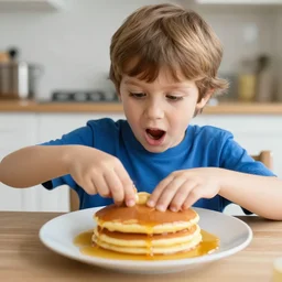 super surprised kid making his first ever pancake