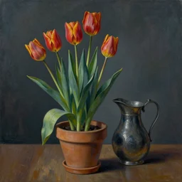 Potted Tulip still life, matte painting, in the style of Wood Tankard and Metal Pitcher by Paul Gaugin