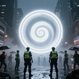 policemen protecting a spiral - shaped bright white luminous attractor right in the center of the city from protesting people, crawd of people, rain and light fog, professional lighting, concept art in 3 d, high detail, professional lighting, unreal engine