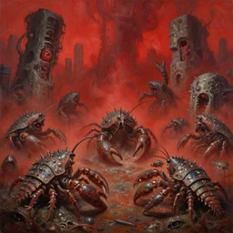 fine art oil painting varied muck jeweled, filthy, doubled, spiked, rugated armored crustaceans clawing & terrified as massive brutalist structures, claustrophobic cilia sporing pox, final battle failure, red mustard gas fog, by alex nino, francesco blanc, geof darrow, h r giger, bisley, b wolverton, jack gau