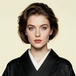 hyperrealism close - up portrait of a beautiful european woman in black silk kimono, ivory background, by roy liechtestein, by andy warhol, 4 k, hd