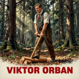 soviet propaganda poster of viktor orban, woodchopper, forest in background