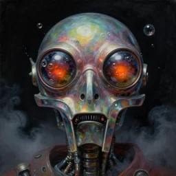 a neoclassicist close - up portrait of a big - eyed mf doom reptile eyes robot, with bug eyes cloaked in metal with glowing bubbles. iridescent and reflective alien technology. foggy black background with dark puffy glowing clouds. highly detailed science fiction painting by norman rockwell, frank frazetta, syd mead and moebius. rich colors, high contrast, gloomy atmosphere, dark background.